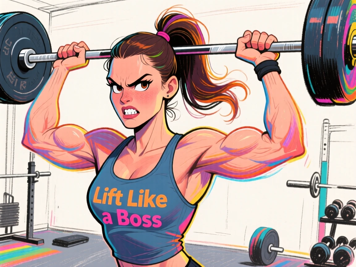 A woman posing confidently at the gym, mid-lift with a determined expression.