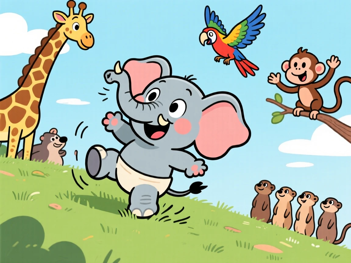 A charming animal moment featuring a clumsy baby elephant tumbling playfully down a grassy hill, surrounded by curious onlooking animals.