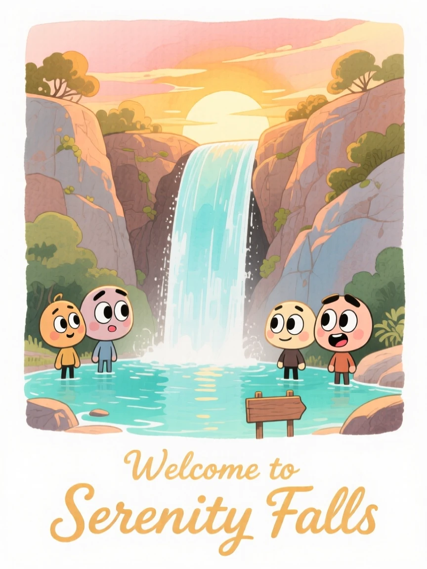 A serene landscape of a tranquil waterfall cascading into a turquoise pool at golden sunset