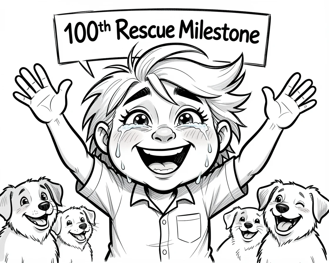 [Inspirational & Emotional Scenes] Touching, uplifting scene of a hopeful rescued animal caretaker celebrating a milestone with tearful joy, evoking deep emotion