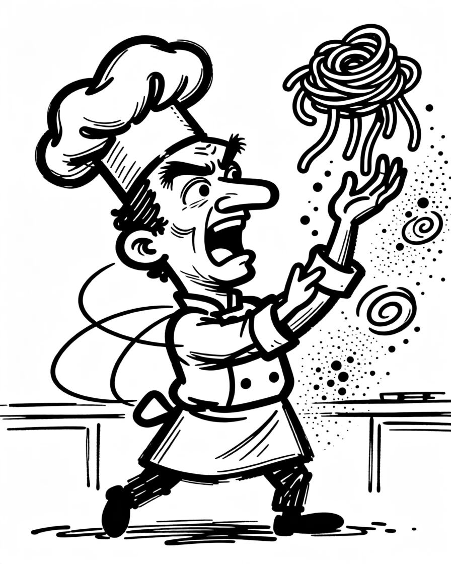 A chef preparing fresh pasta, tossing it dramatically in a swirl of flour.