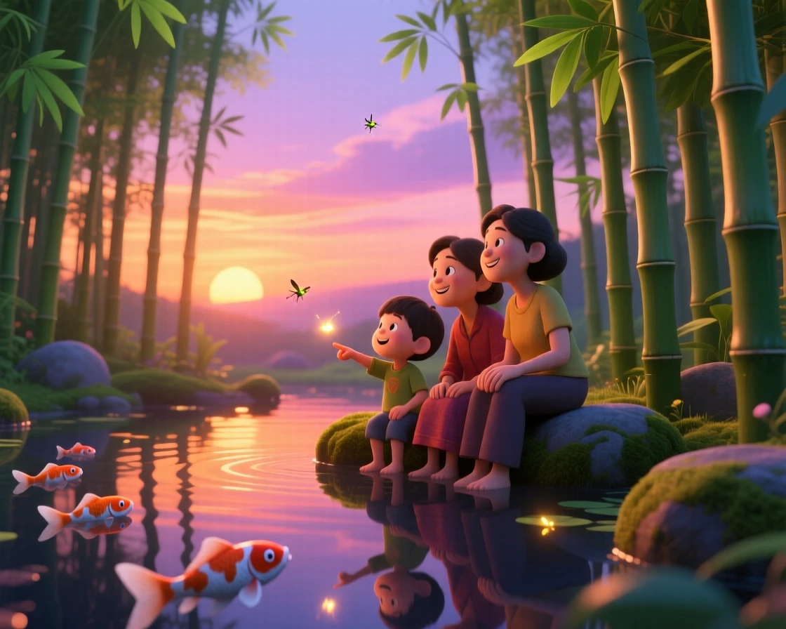A bamboo grove swaying gently glows as the last light of sunset paints the sky in orange and pink, with reflections shimmering perfectly on the water's surface. A gentle reverence for nature's beauty lingers here.