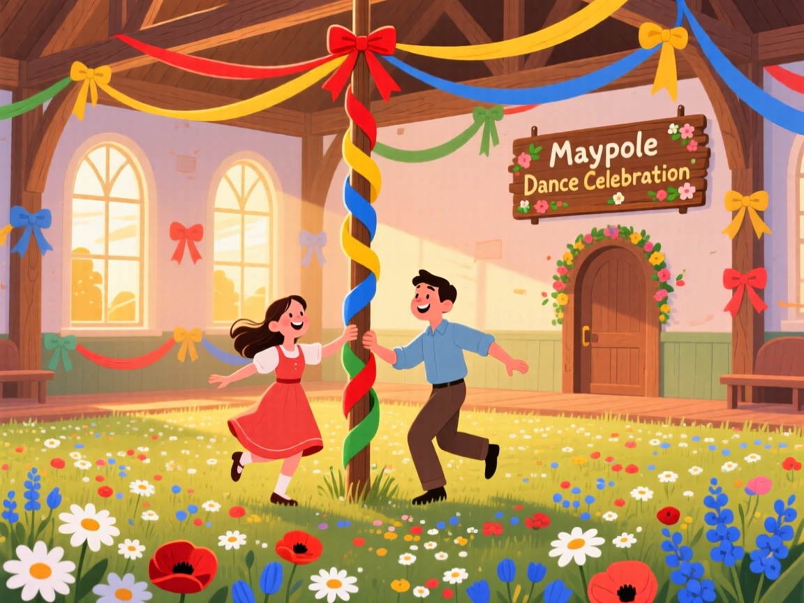 A young couple spend the evening dancing around a maypole in a flower-filled meadow in a decorated town hall, while ribbons and bows decorate every corner.