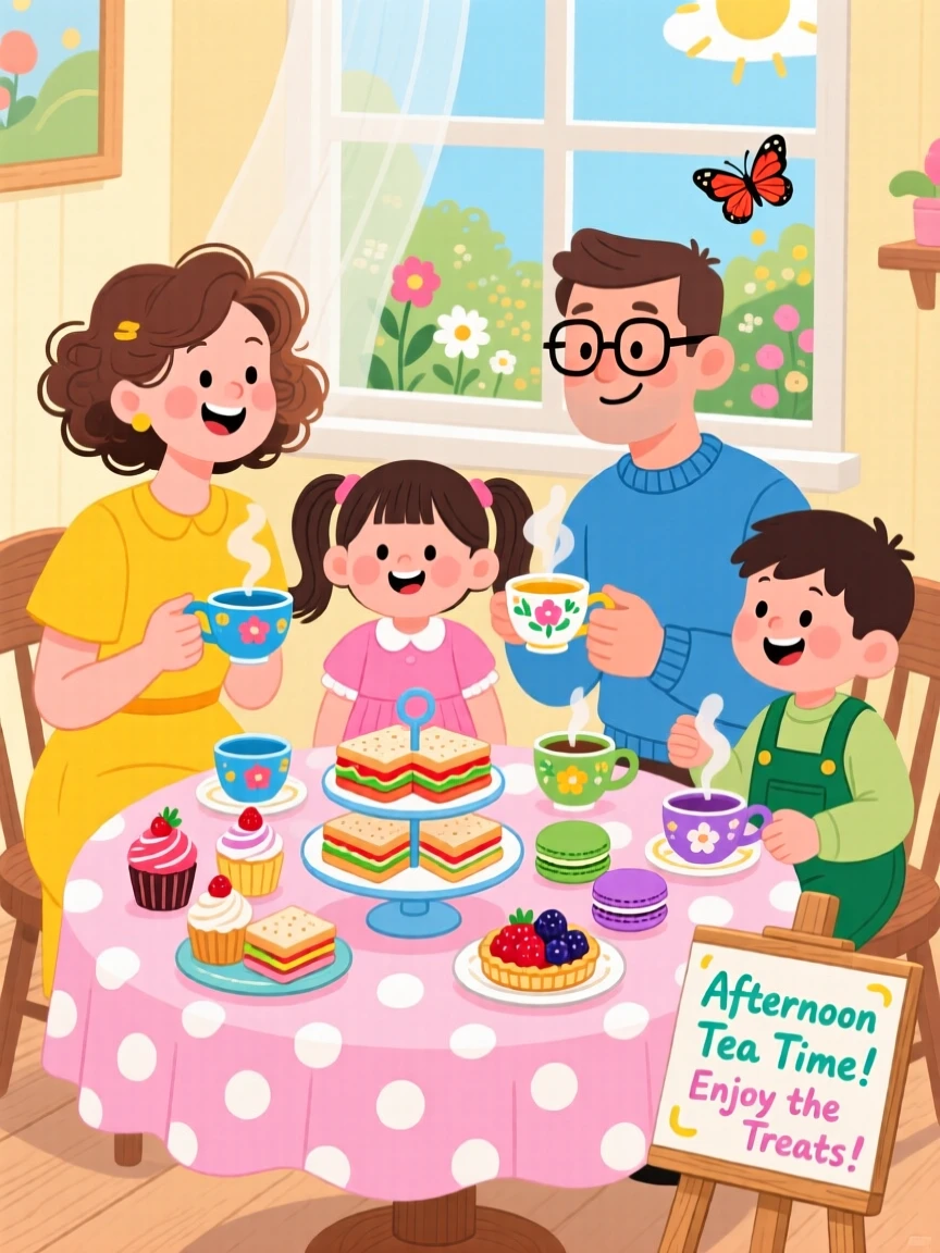 A family sharing afternoon tea with tiny sandwiches and pastries.