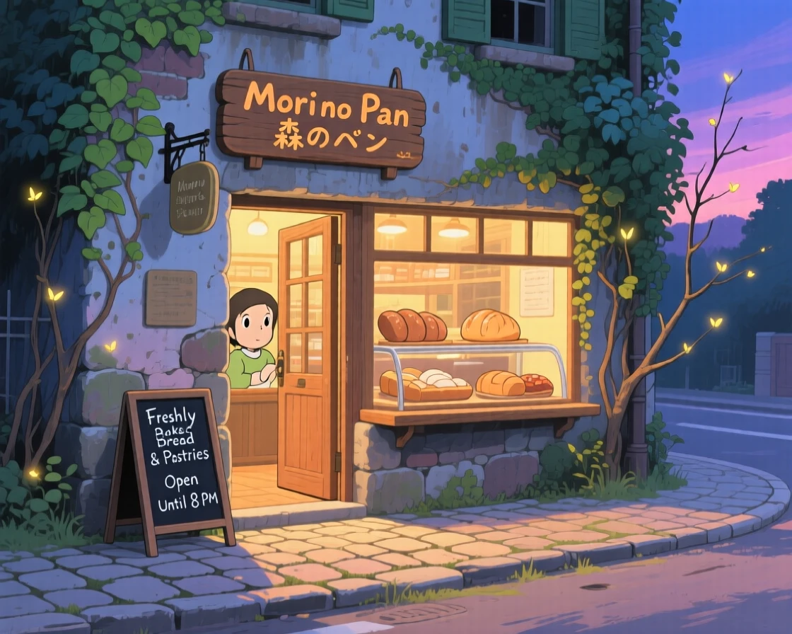 A bakery on a quiet corner with its door propped open, with ivy climbing up the side of an old stone wall, as evening settles in.