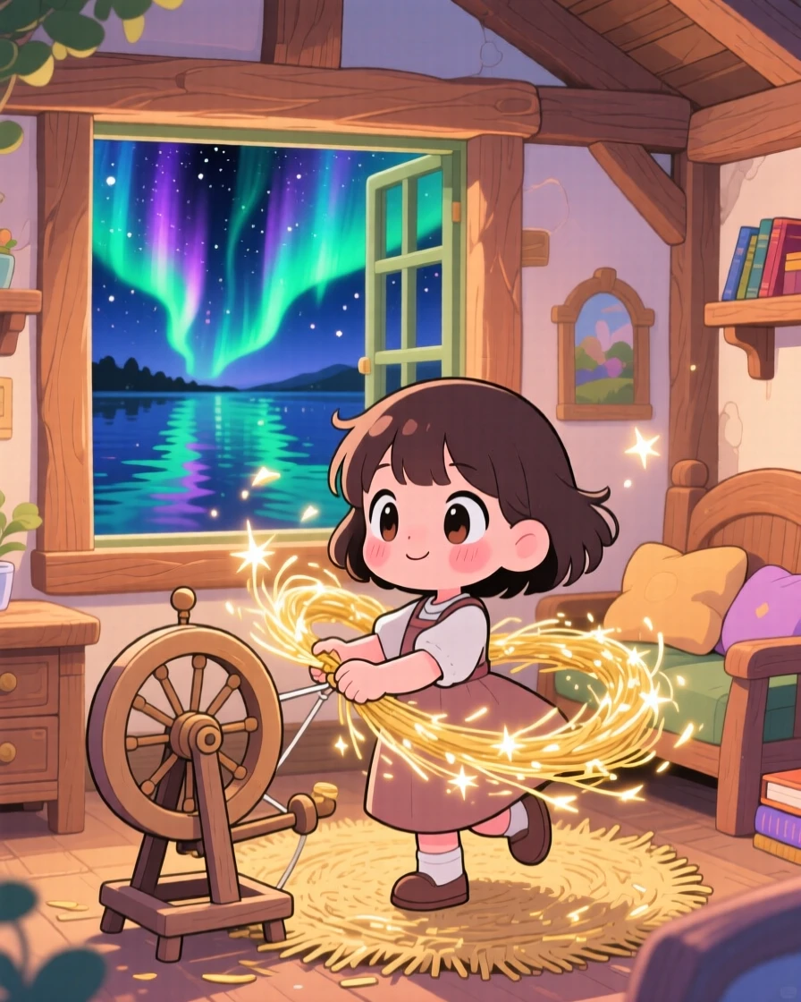 Over-the-shoulder view of a young girl, spinning straw that sparkles like gold, in a cozy storybook cottage room, beneath swirling aurora-lit skies, illuminated by shimmering reflected light off water, radiating warm affection.