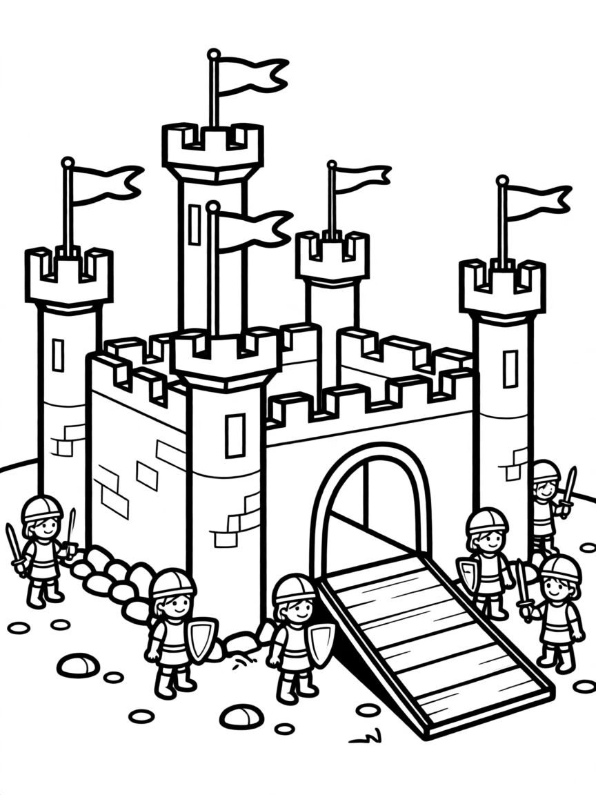 A toy castle with tiny knights and a drawbridge