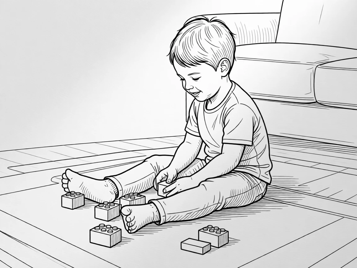 A child playing with building blocks on the living room floor