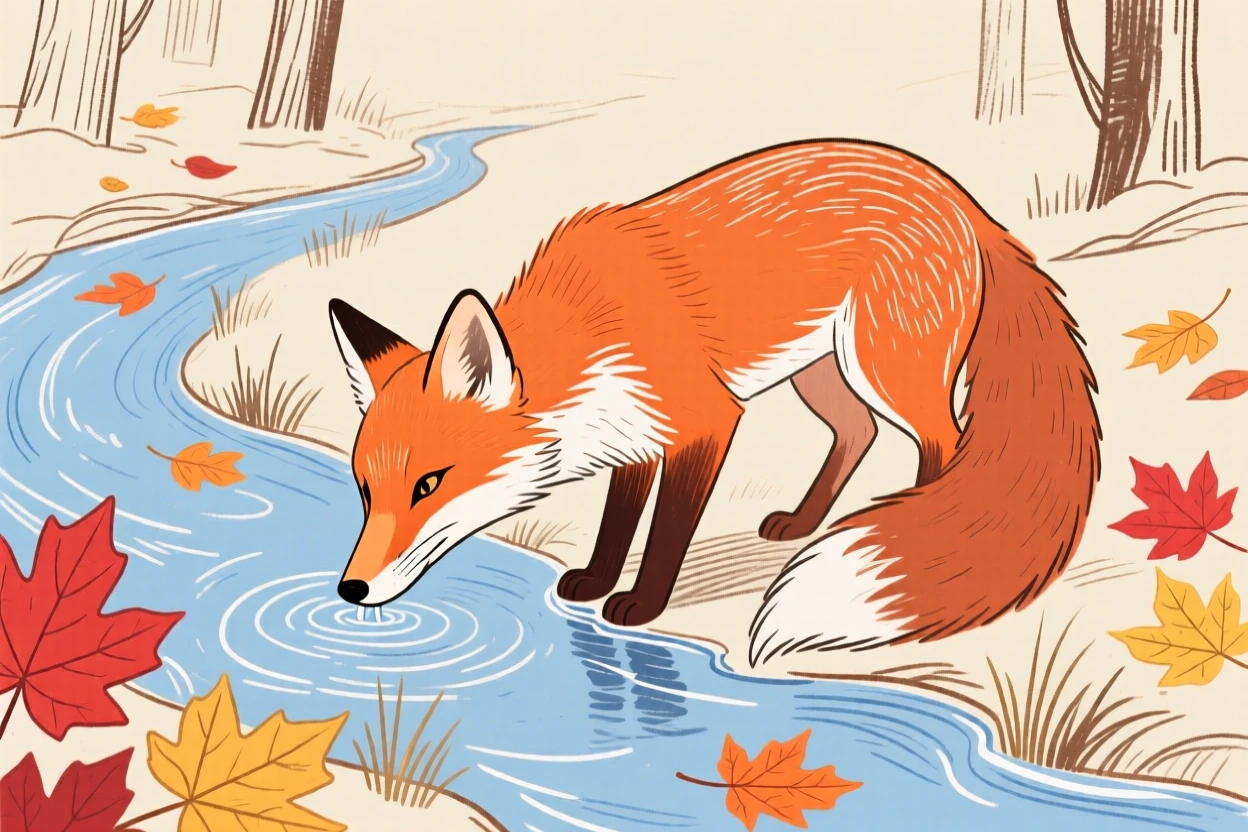 A curious fox drinking from a stream among autumn leaves on a crisp autumn day.