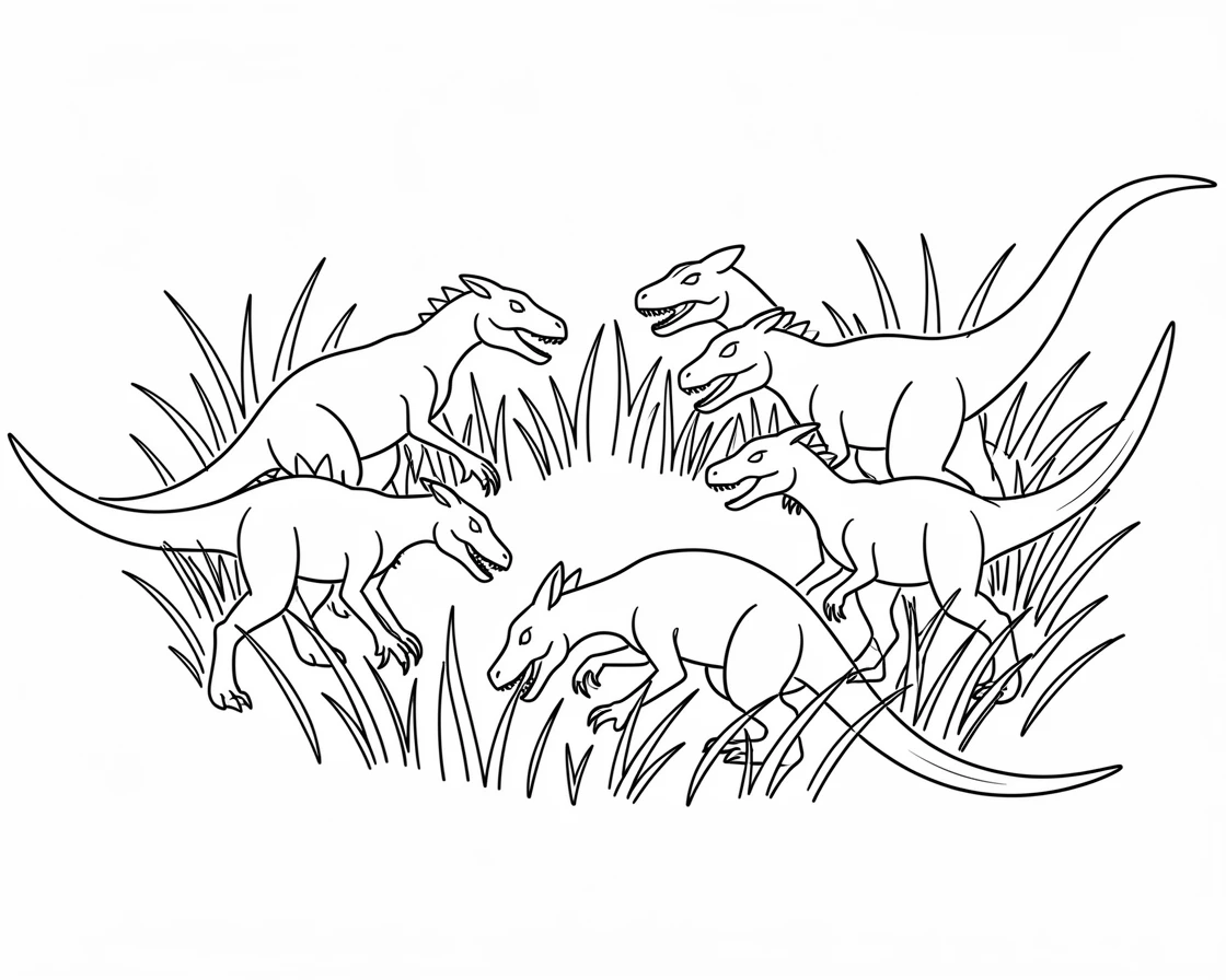 A Deinonychus pack circling a wounded prey animal in tall grass