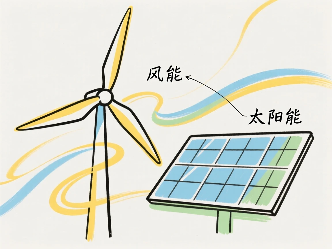 A diagram-style illustration of renewable energy sources like wind and solar.