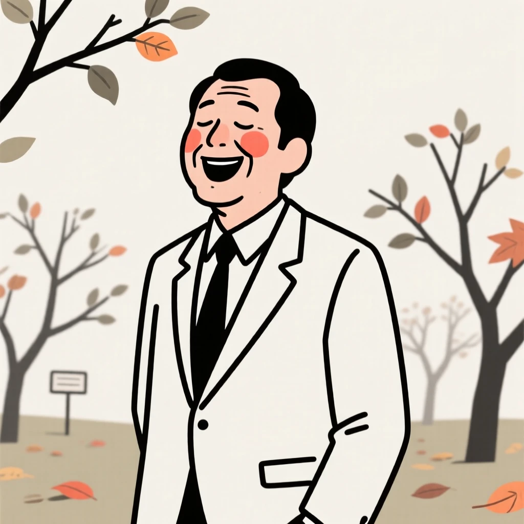 A man in his forties of Japanese heritage in a tailored business suit, laughing with eyes closed, in an autumn orchard.