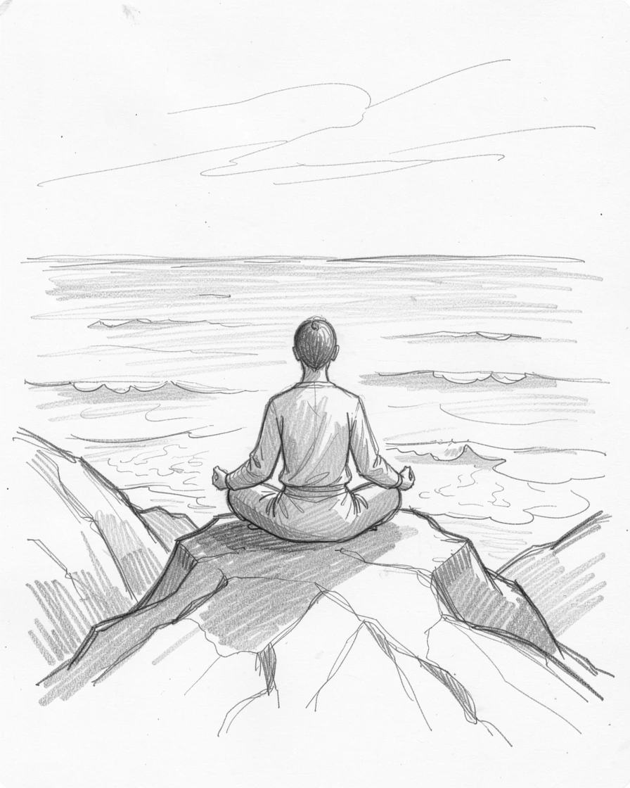 A lone figure meditating on a quiet mountaintop, as calm waves lap quietly at the shore, capturing a moment of pure stillness.