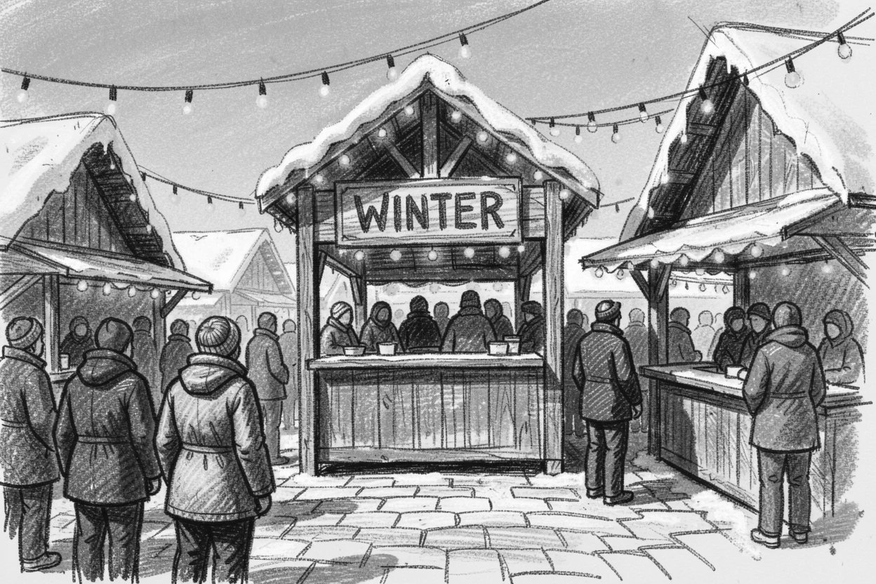 A winter market square filled with twinkling lights and stalls, under a clear blue midday sky.