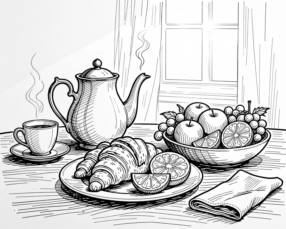A beautifully set holiday breakfast table glowing in the morning light.