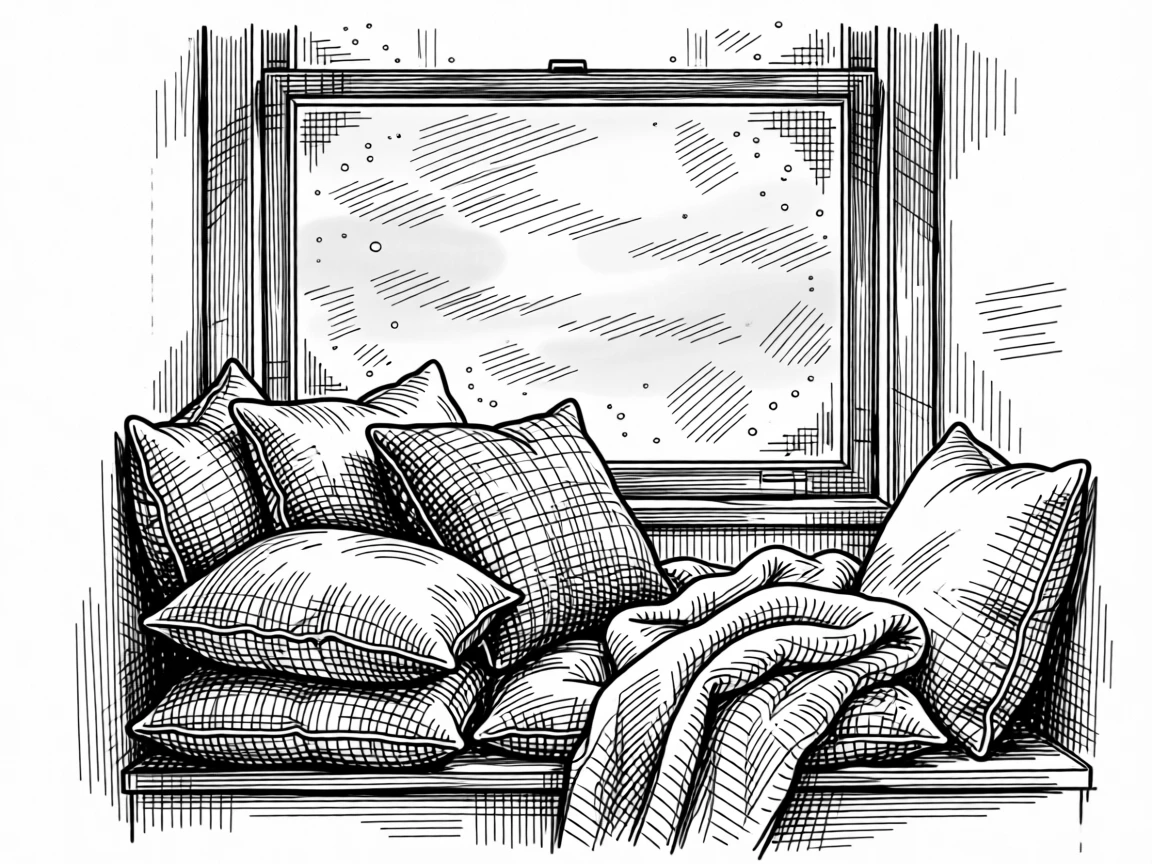 A reading nook filled with cushions and soft blankets beneath a sky painted in soft pastel hues, with a window fogged slightly at the edges, evoking a quietly hopeful sense of calm.