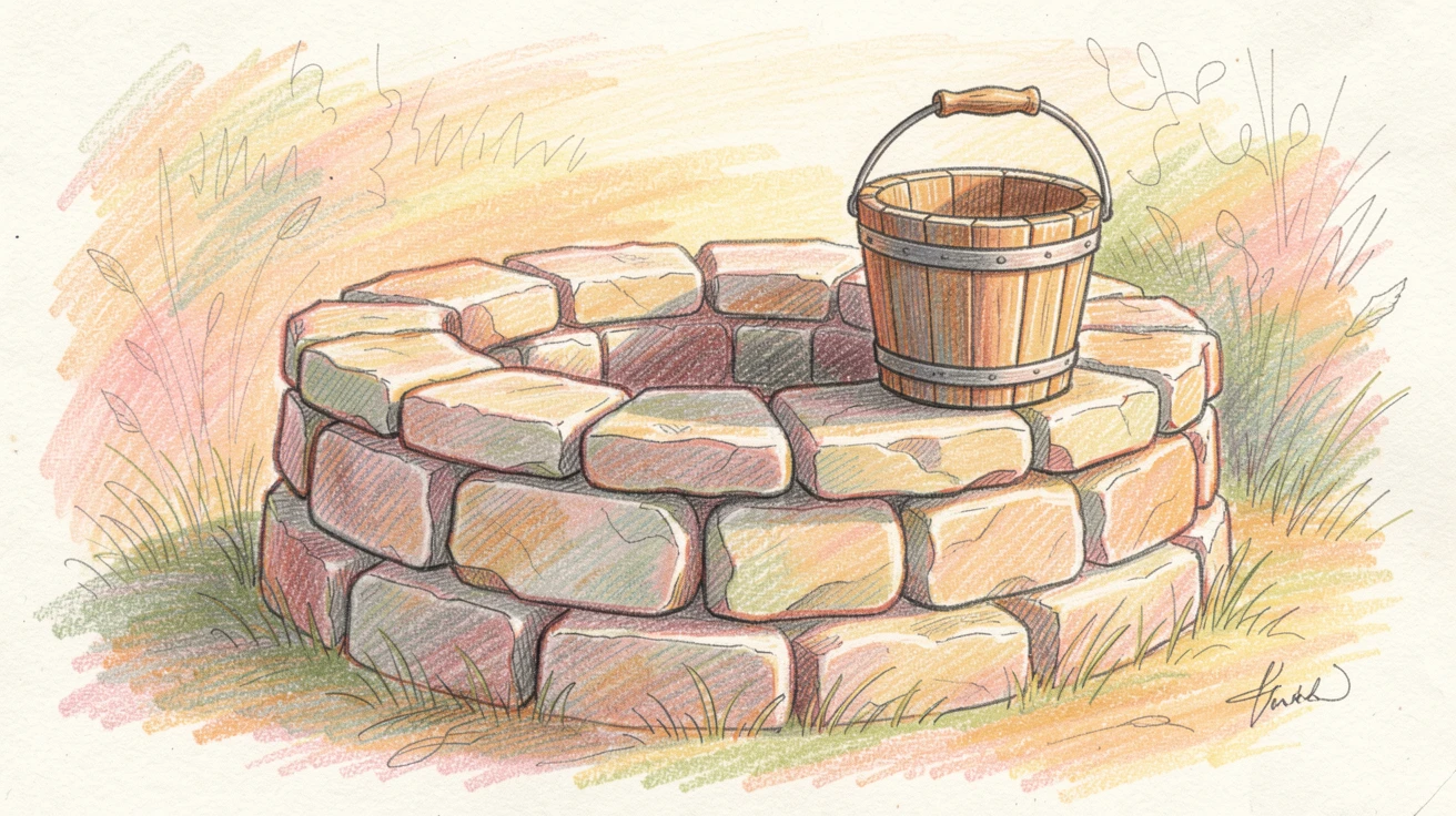 A quiet countryside well with a bucket resting on old stone, bathed in the warm glow of golden-hour light, evoking nostalgia and a deep sense of contentment.