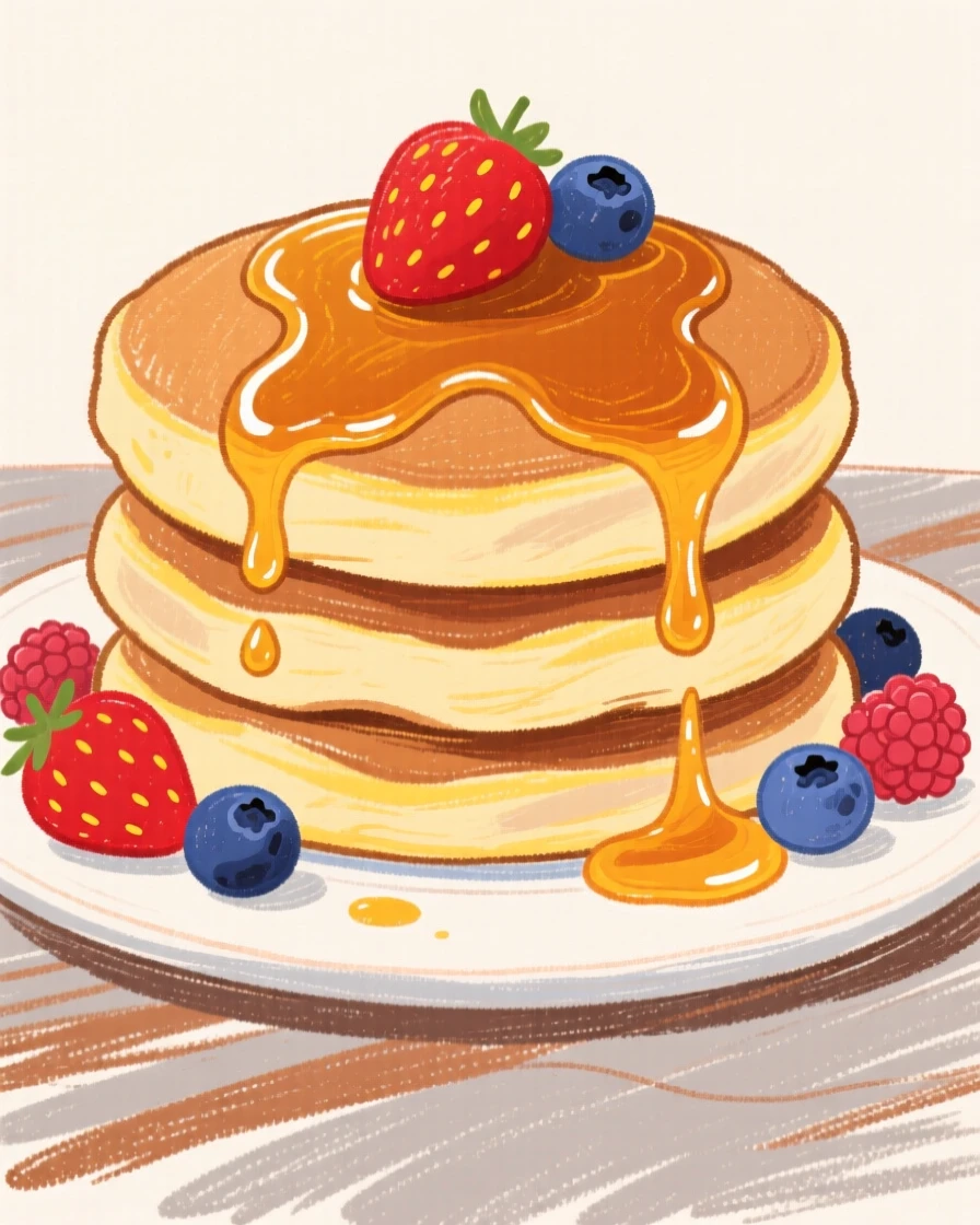 A stack of fluffy pancakes drizzled with maple syrup and berries.