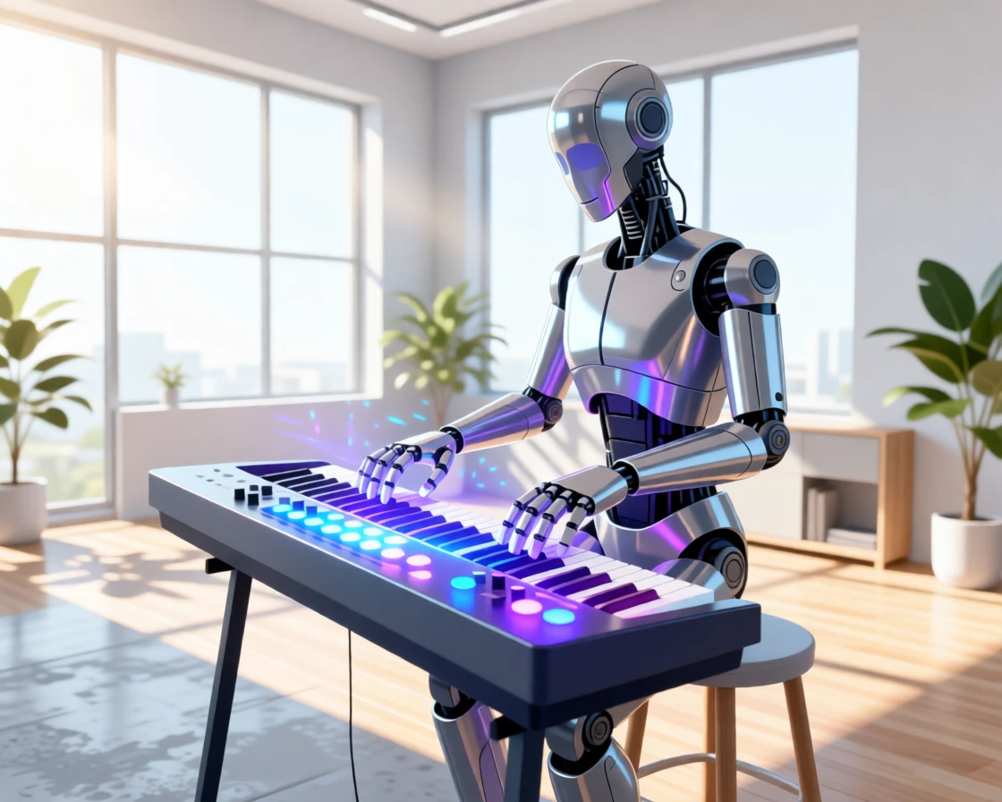 A robot musician playing a glowing electronic keyboard, set within a bright, sunlit contemporary room, composed with a friendly, approachable sense of innovation, with sleek metallic textures catching soft light.