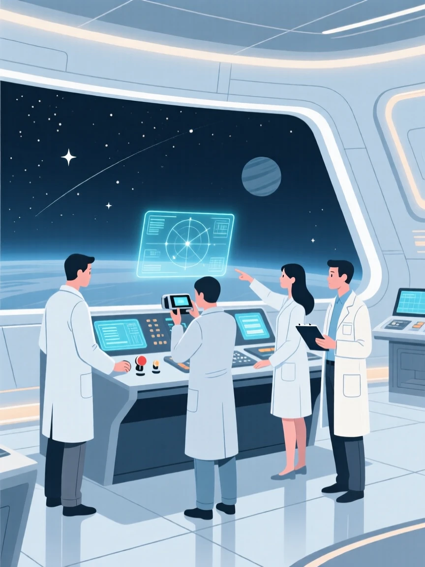 A team of scientists testing new equipment in a space observation deck.