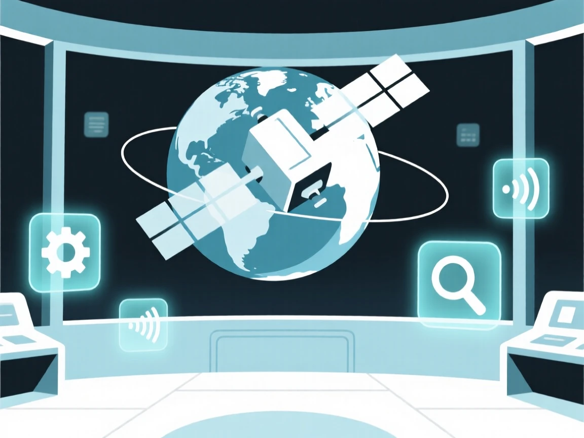 A sleek satellite orbiting Earth placed in a bright control room, surrounded by floating holographic icons, conveying forward-looking innovation.