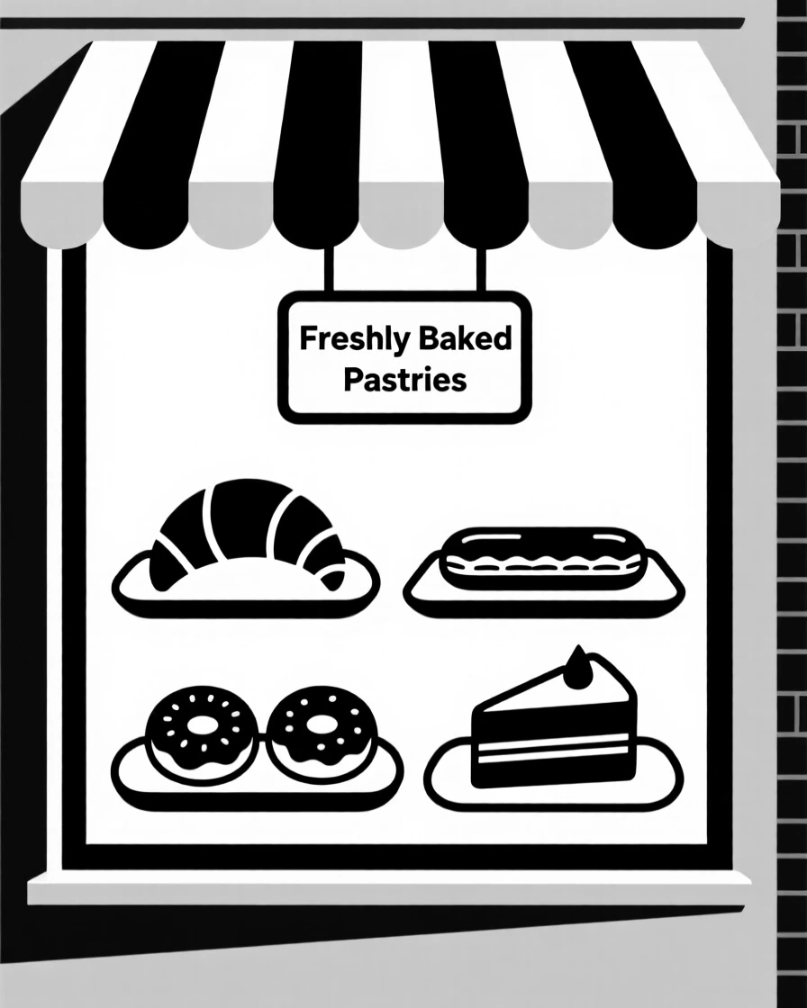 A bakery window filled with pastries.
