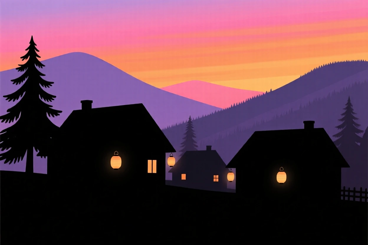 A quiet mountain village lit by warm lantern light at dusk.