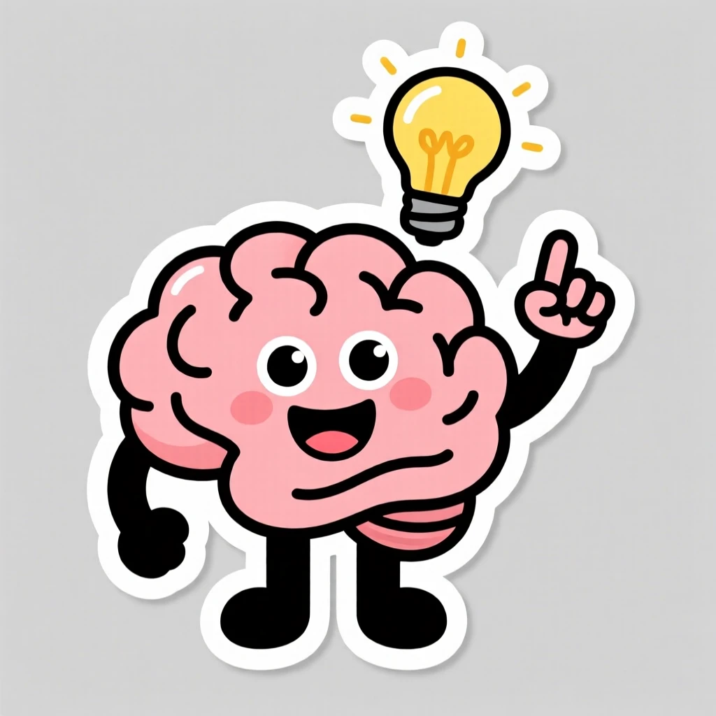A playfully educational cute cartoon brain character thinking with a lightbulb, waving hello with excitement, designed to make learning fun.