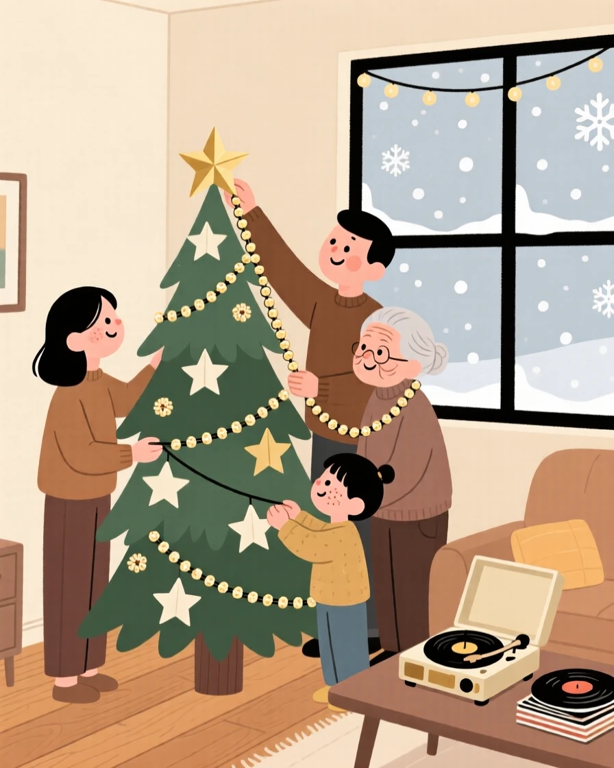 A family decorates a evergreen in the corner with strings of popcorn and paper stars while carols plays softly and the first snow of winter falls outside the window.