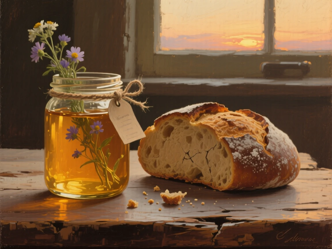 An intimate close-up of a jar of wildflower honey beside a loaf of crusty bread, at dusk, in the 1920s.