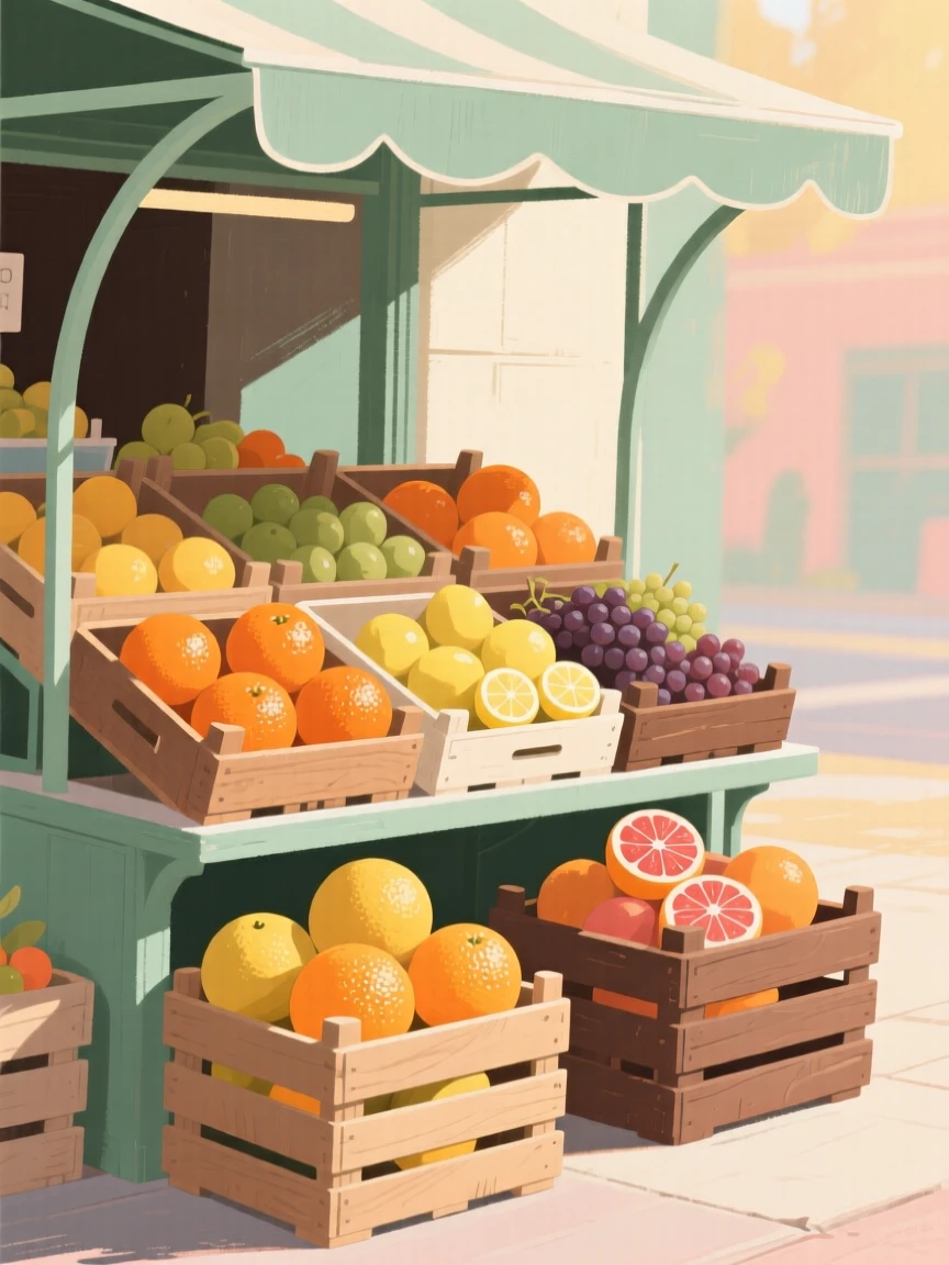 A vintage fruit stand overflowing with citrus in wooden crates