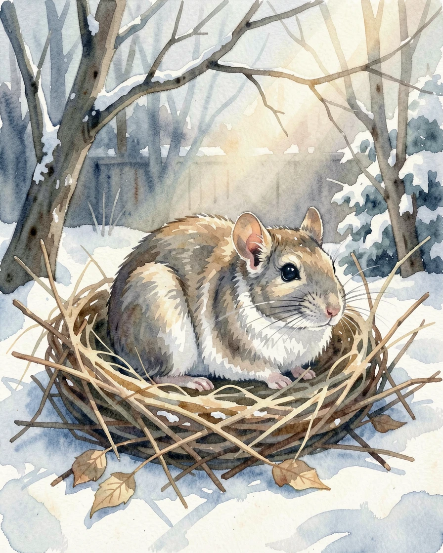 A chinchilla in a cozy nest in a snowy backyard napping in a patch of sunlight.