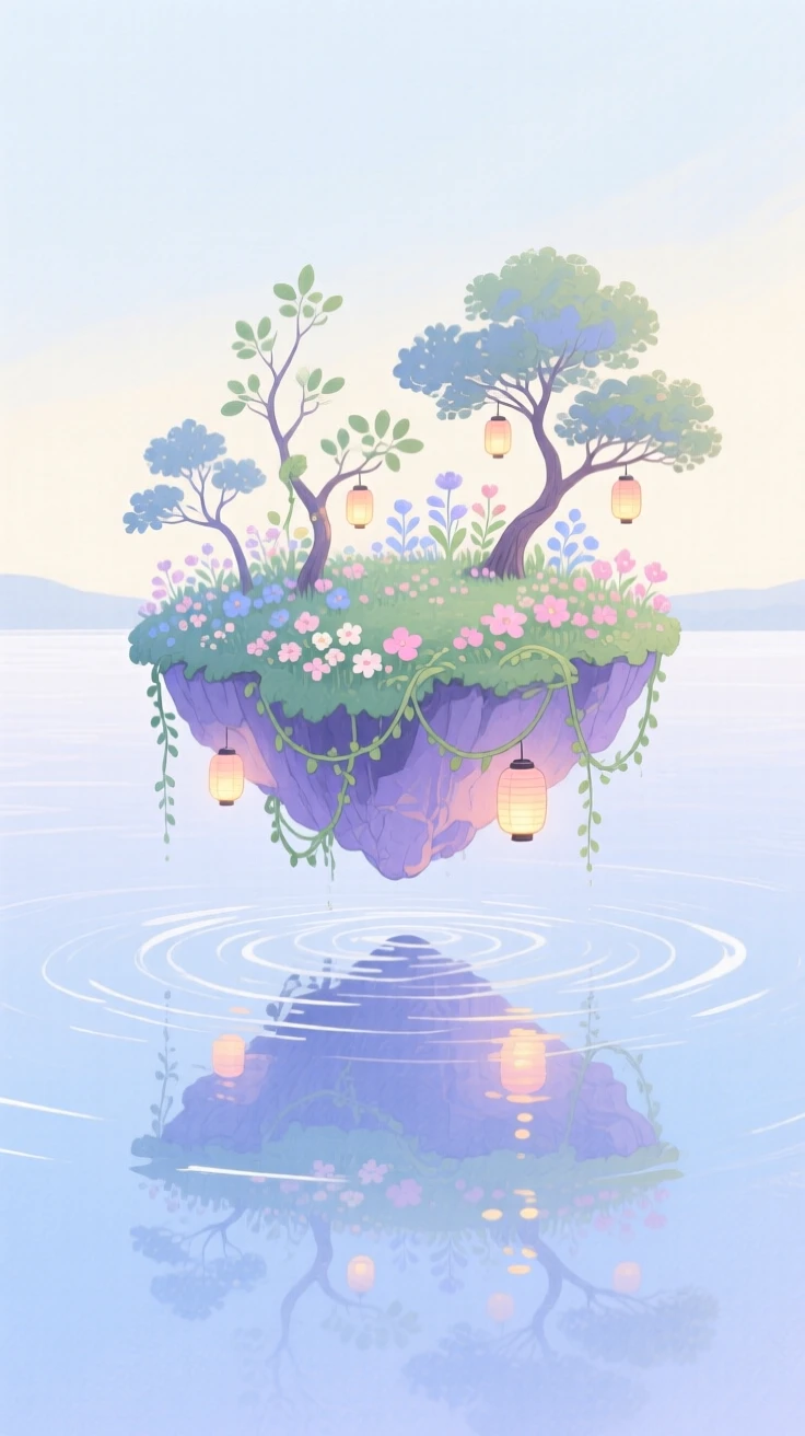 A dreamlike scene of a floating island garden, reflecting shimmering colors in still water, inviting quiet wonder and imagination