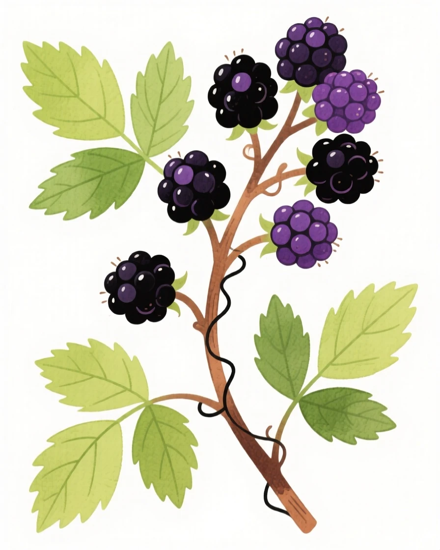 A cluster of wild blackberries on a bramble, vivid and full of life.