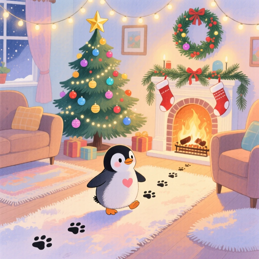A baby penguin following a trail of paw prints across a beach, set in a snug living room decorated for the holidays, showing unconditional love and loyalty.