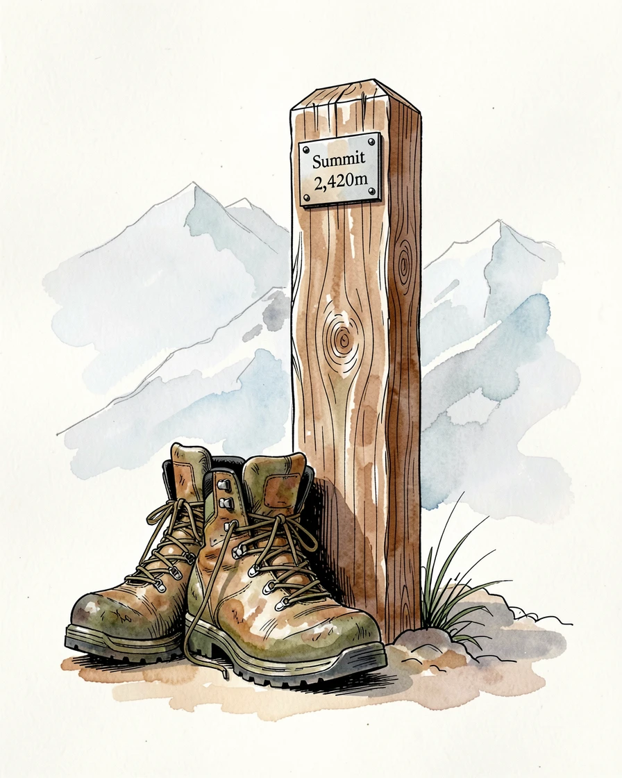 A worn pair of hiking boots resting beside a mountain summit marker, a quiet sense of hope and possibility filling the scene.