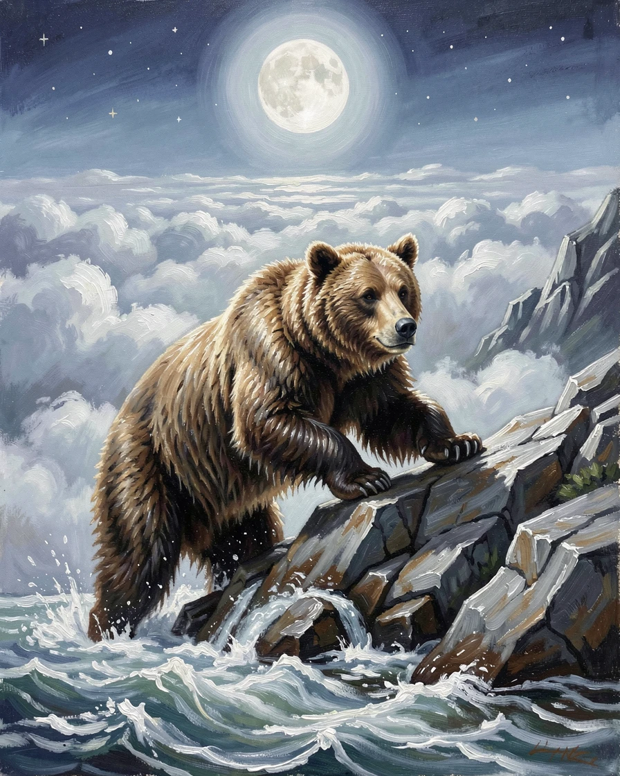 A grizzly bear fishing in a rushing river, along a rocky mountain ridge above the clouds, it pausing mid-stride, alert to the slightest sound, under the soft light of a full moon.