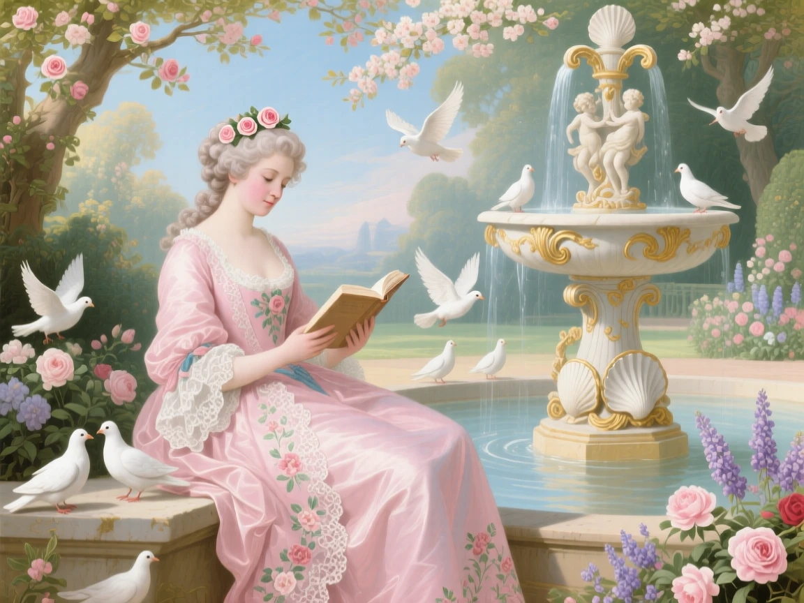 A lady reading beside a garden fountain while doves gather nearby  