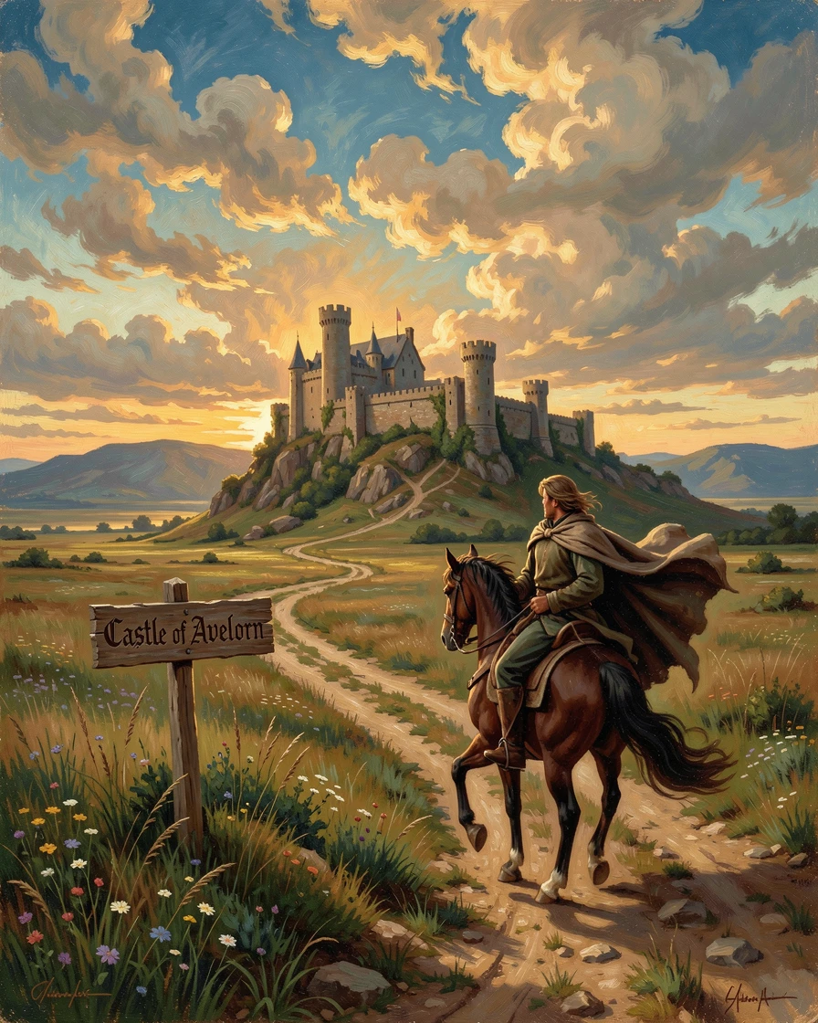 A lone rider approaches a distant castle across an open plain.