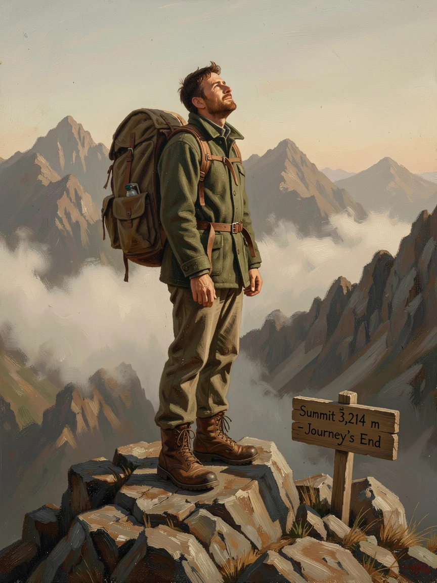 A hiker standing triumphantly atop a fog-covered mountain peak, with a sense of freedom and wonder evident in every detail, celebrating exploration, discovery, and unforgettable experiences