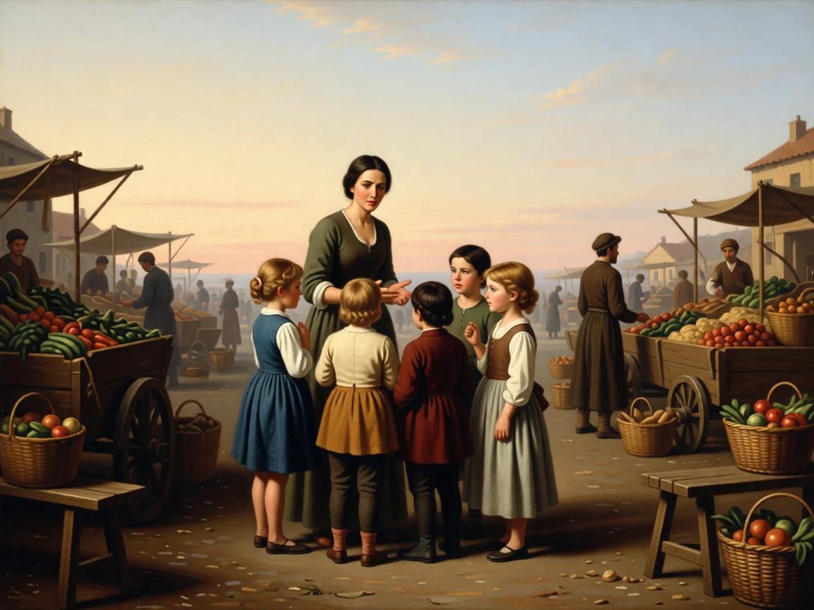 A schoolteacher patiently guiding a small classroom of children in a small, quiet moment made luminous and lasting, set within a bustling market square filled with color and life, with soft morning light catching dust and flour in the air; the horizon and open sky give even modest labor room to breathe, capturing the timeless rhythm of rural and village life.