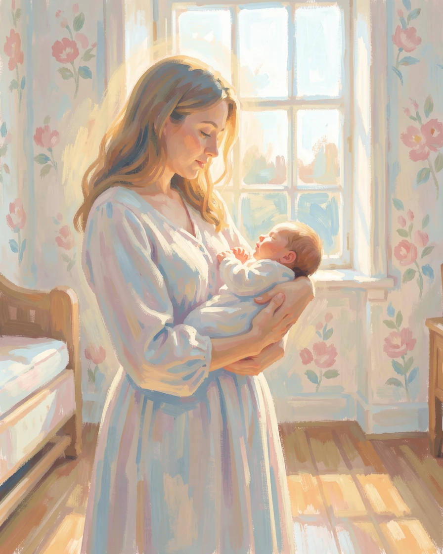 A mother cradling her newborn by a window, soft morning light wrapping around them both, inspiring awe at the beauty of the scene.