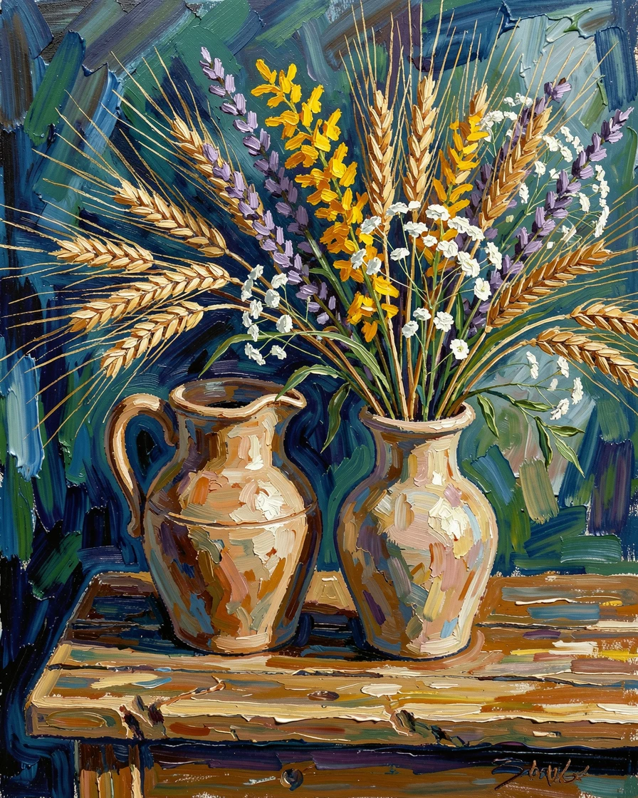 A vase of dried wheat and wildflowers arranged beside an old clay pitcher.