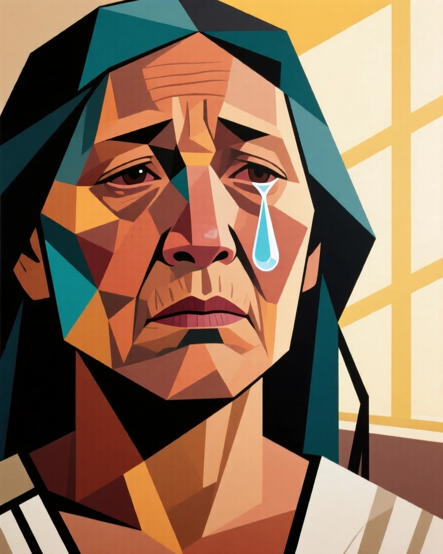 A close-up portrait of a middle-aged woman of Native American heritage, shedding a single tear of relief, in soft window light.