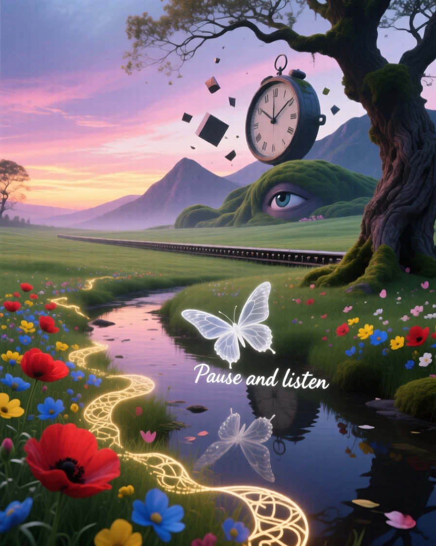 A spring meadow where flowers bloom and wilt within seconds moves slowly across a horizon streaked with fading light, while everything nearby seems to pause and hold its breath.