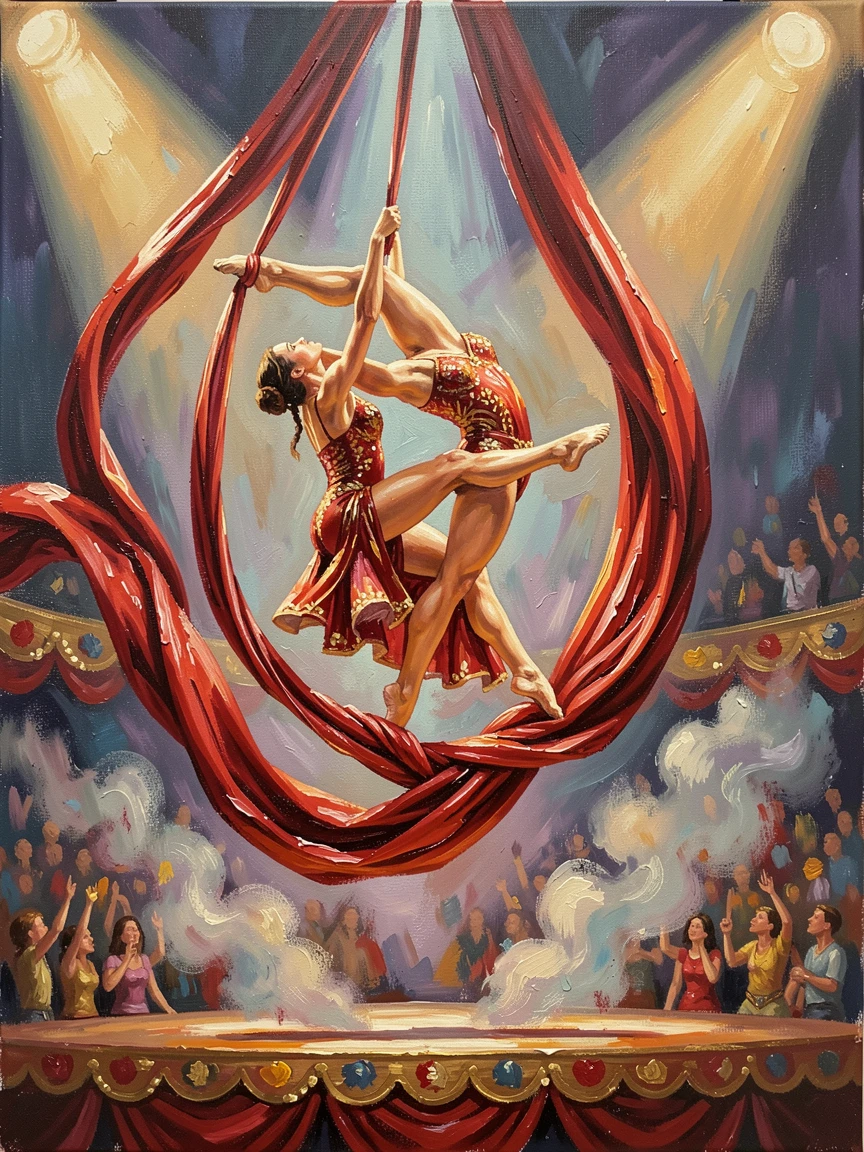A pair of aerial silk performers twist gracefully high above a circus stage, dramatic lighting catching the flowing red fabric, the atmosphere charged with music, movement, and a shared sense of celebration.