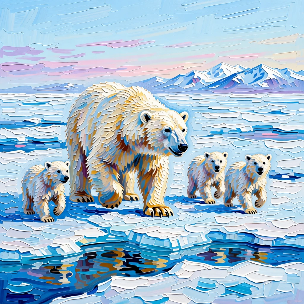 A mother polar bear teaching her cubs to hunt on a vast field of sea ice