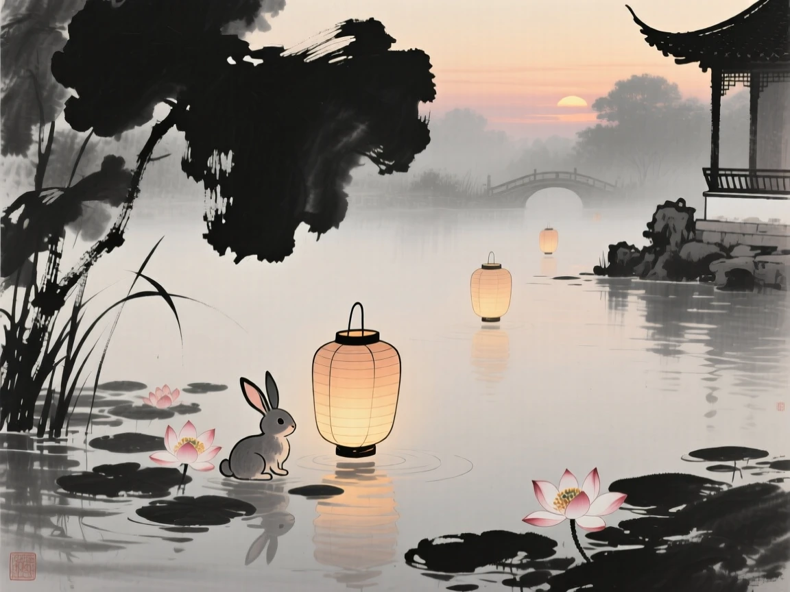 Lanterns shaped like rabbits and flowers float on a quiet garden pond, as the last lanterns drift slowly out of sight.