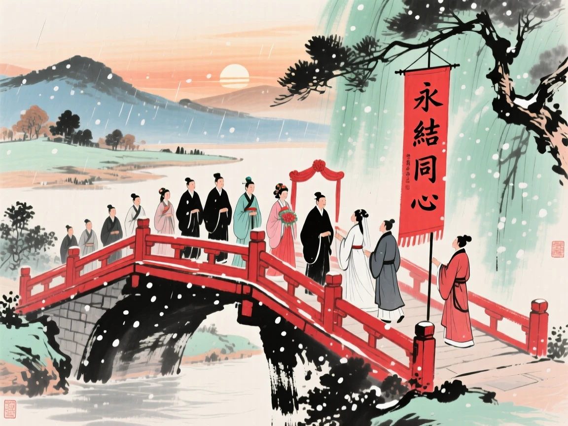 A wedding procession crossing a red lacquered bridge at sunset, at dawn, beneath softly falling snow, as summer rain begins to fall.