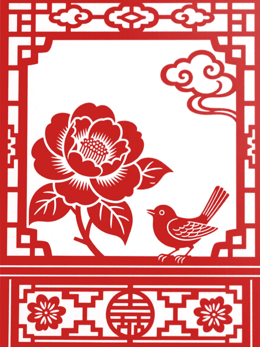 A camellia blossom resting on a carved wooden windowsill, with a small bird perched nearby.